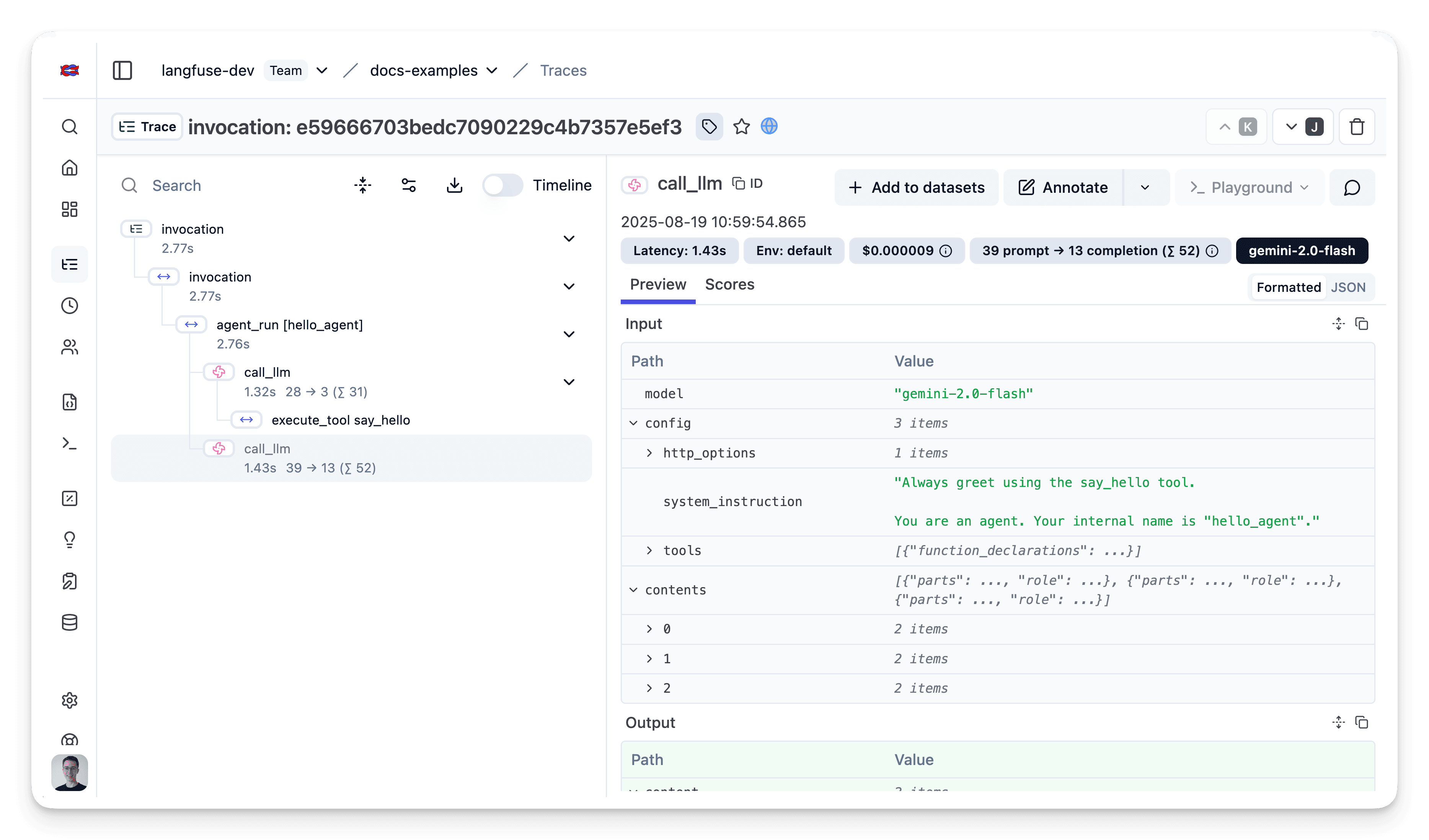 Google ADK trace visualization in Langfuse